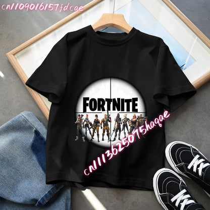 T-shirt preta em algodão para criança Fortnites Fortress Night, manga curta, estilo cartoon, para menino e menina, roupa de verão kawaii, top para oferta