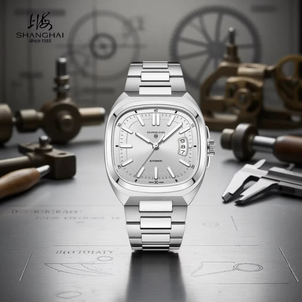 Shanghai Watch Automatic Mechanical Square Dial Men's Watch Luminous Water-Resistant to 50m Date Display Casual Wristwatch SH018