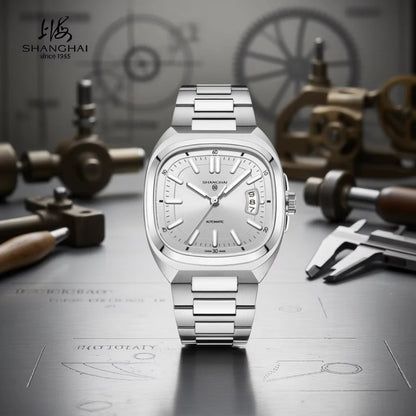 Shanghai Watch Automatic Mechanical Square Dial Men's Watch Luminous Water-Resistant to 50m Date Display Casual Wristwatch SH018