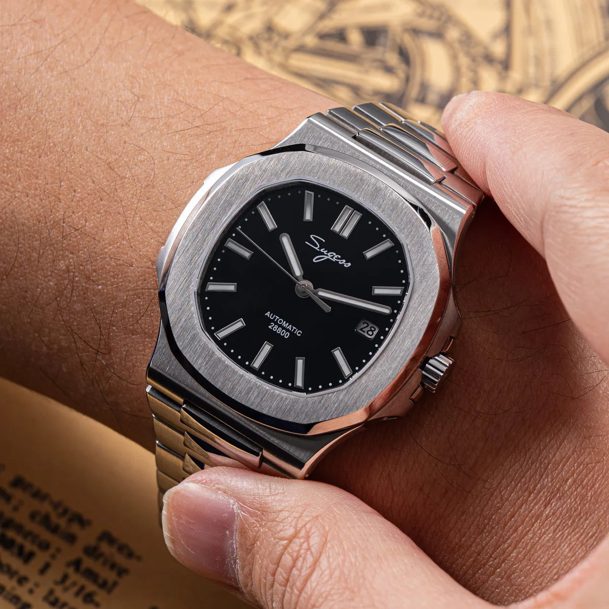 Sugess Herrenuhr, automatische mechanische Armbanduhr, Miyota 9015 Uhrwerk, MOP-Zifferblatt, Leuchtfunktion, wasserdicht bis 5bar, Luxus-Armband S466