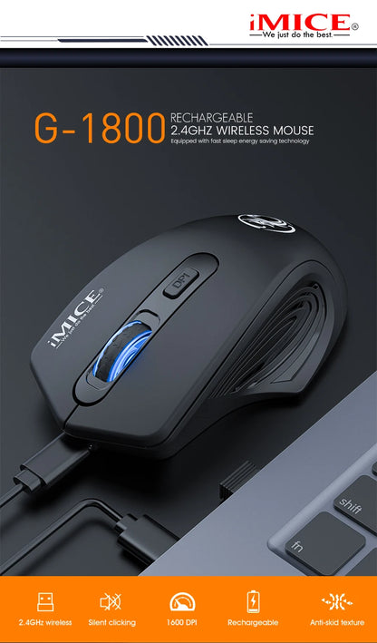 Silent Rechargeable 1600 DPI Adjustable 2.4GHz Wireless Connection Mouse Quiet Click For Office Use Compatible With PC Laptop