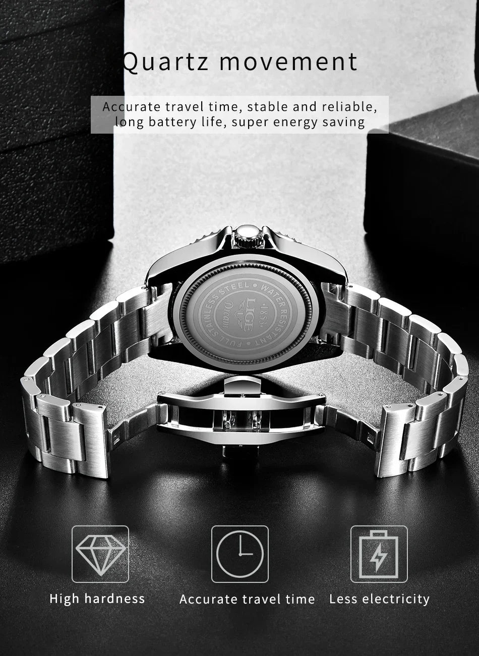 LIGE Men’s Luxury Quartz Watch  Stainless Steel, Luminous Dial, Waterproof & Business Design