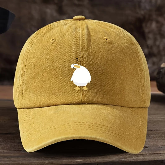 Cute duck print baseball cap with adjustable snap button, breathable fabric, outdoor casual headpiece