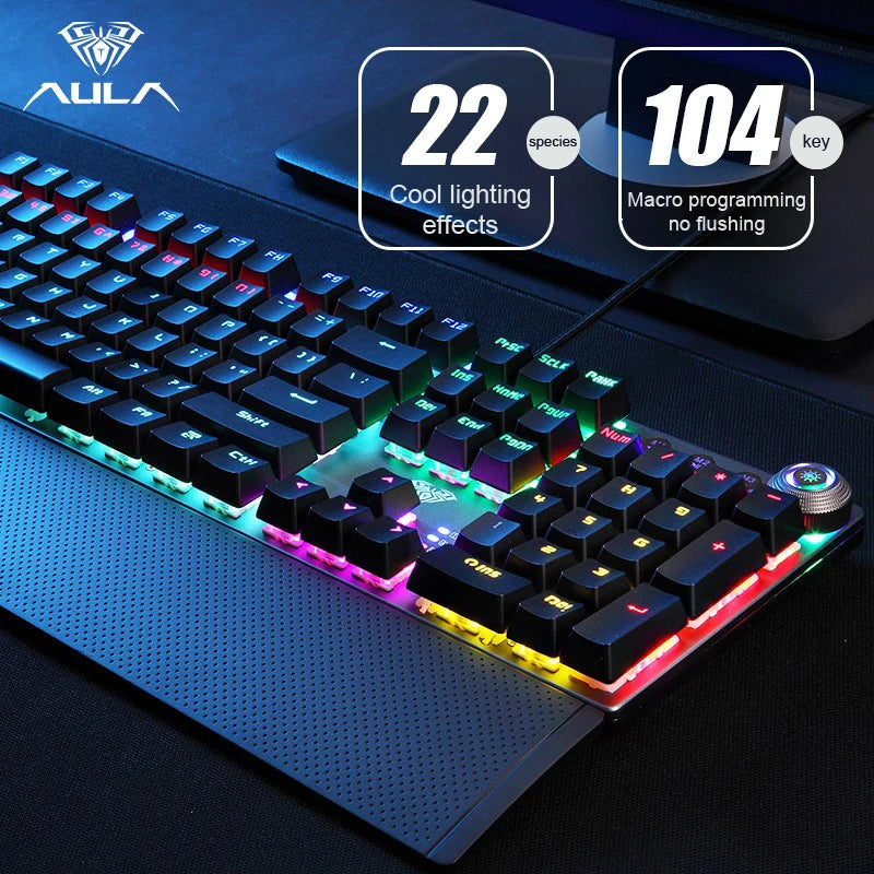 Teclado Mecânico AULA F2088 com Fio para Gaming, Botão Multifuncional, 104 Teclas, Retroiluminação Magic, Programação Macro, Compu