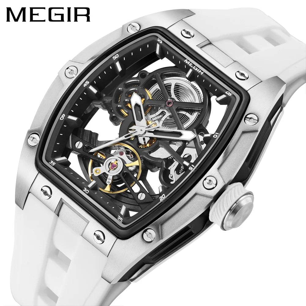 MEGIR men’s mechanical watch, tonneau shape, open-worked skeletonised dial, sporty style, silicone strap, luxury automatic watch