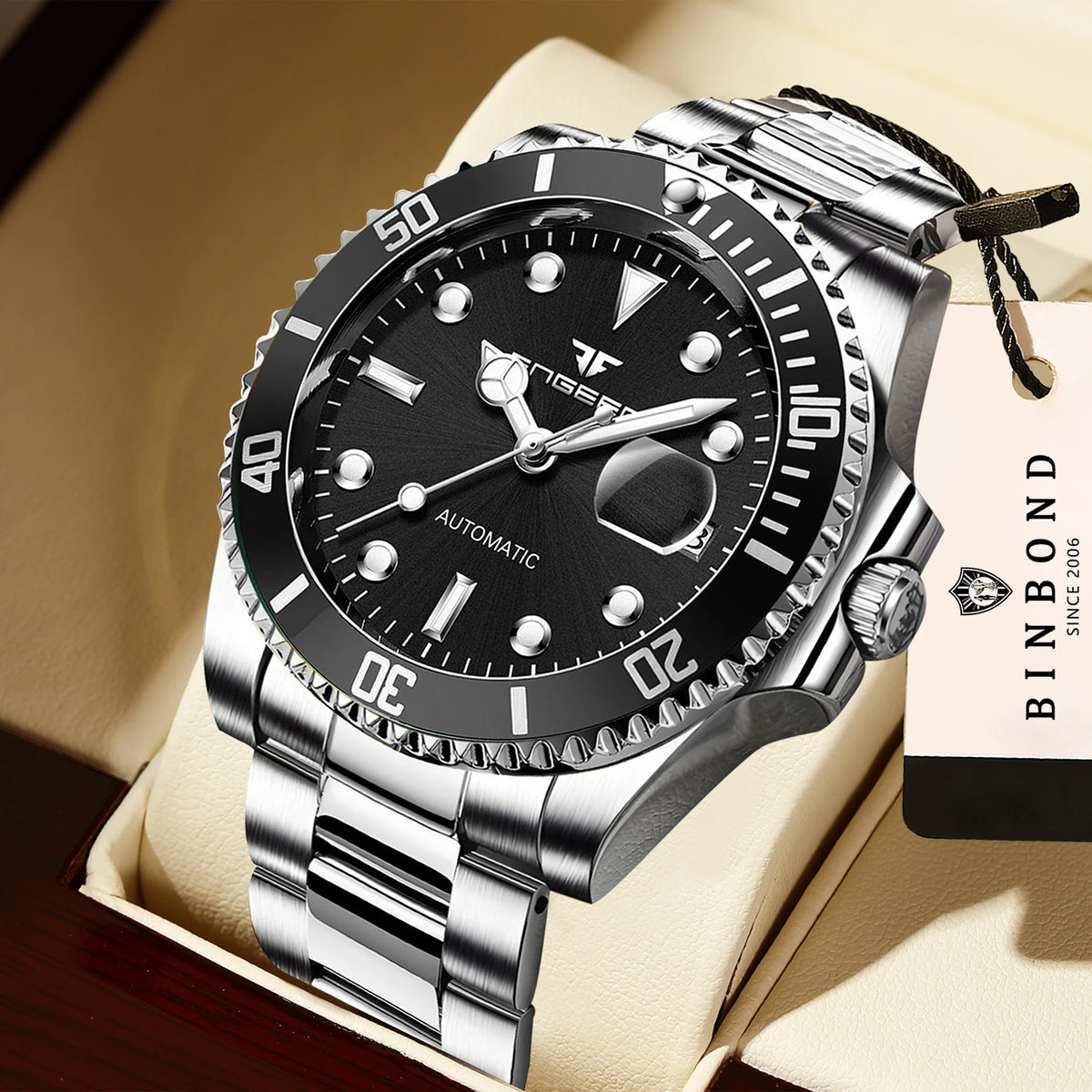 Montres-bracelets mécaniques BINBOND pour hommes, luxueuses, lumineuses, étanches, automatiques, à tourbillon, squelette
