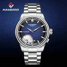 Механичен мъжки часовник HANBORO – автоматичен механизъм, аларма, сигнал за час, водоустойчив до 100 м, сапфирно стъкло, корпус от стомана, елегантен и уникален стил.