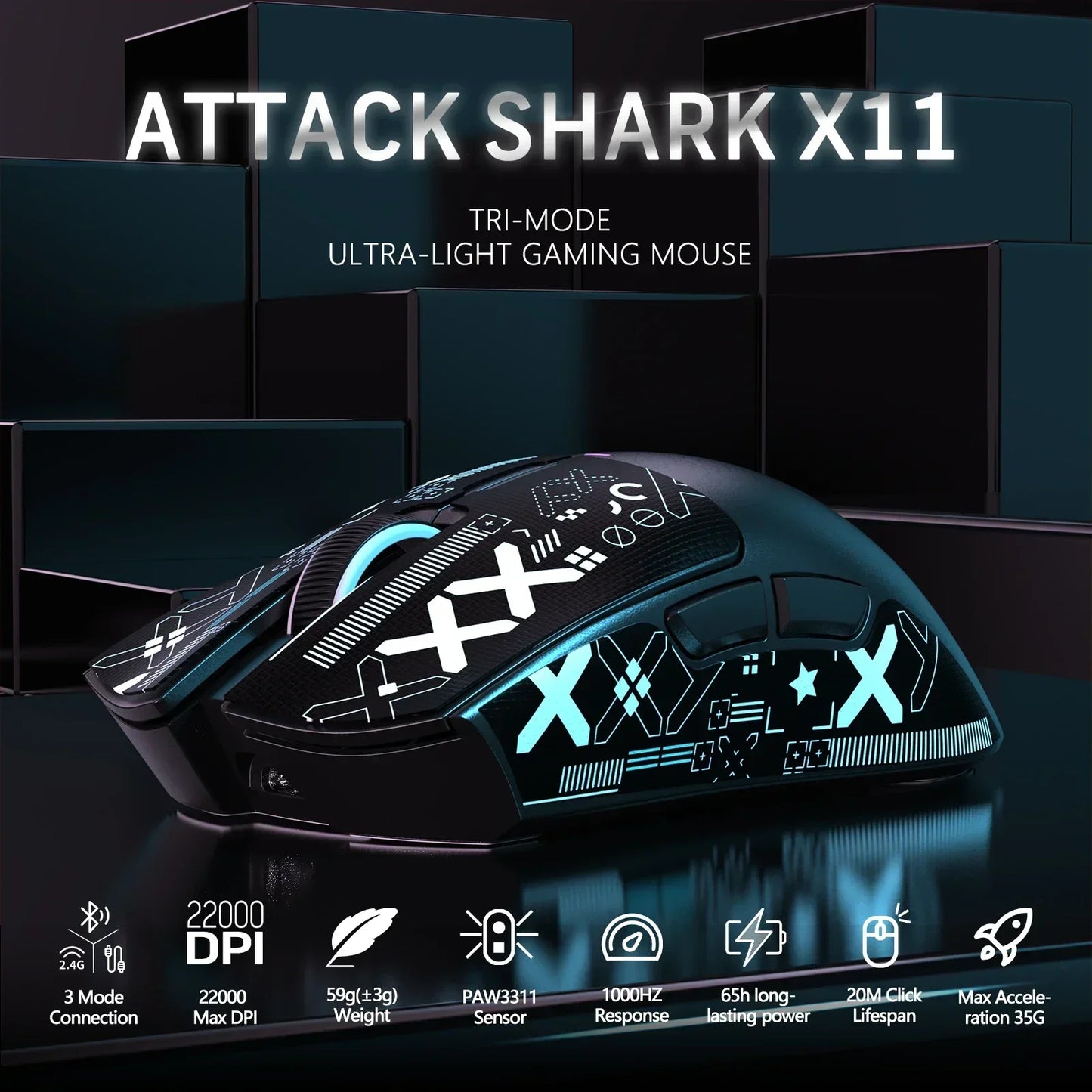 Ratón gaming inalámbrico ATTACK SHARK X11 Original Brand con base de carga, sensor gaming PixArt PAW3311, conexión BT/2.4G inalámbrica/con cable