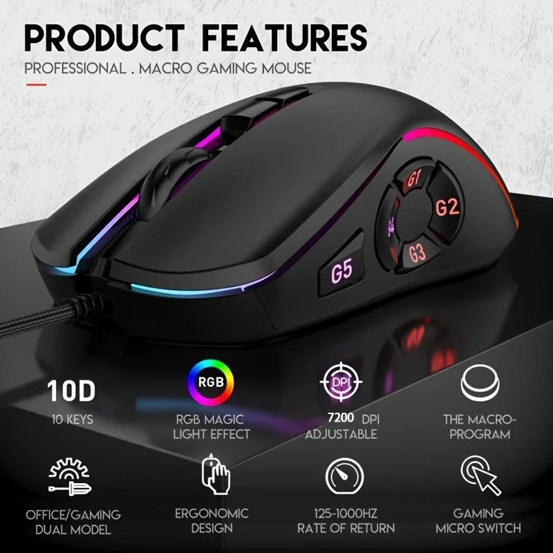 10 key macro programming custom RGB gaming wired mouse laptop desktop computer wired mouse external