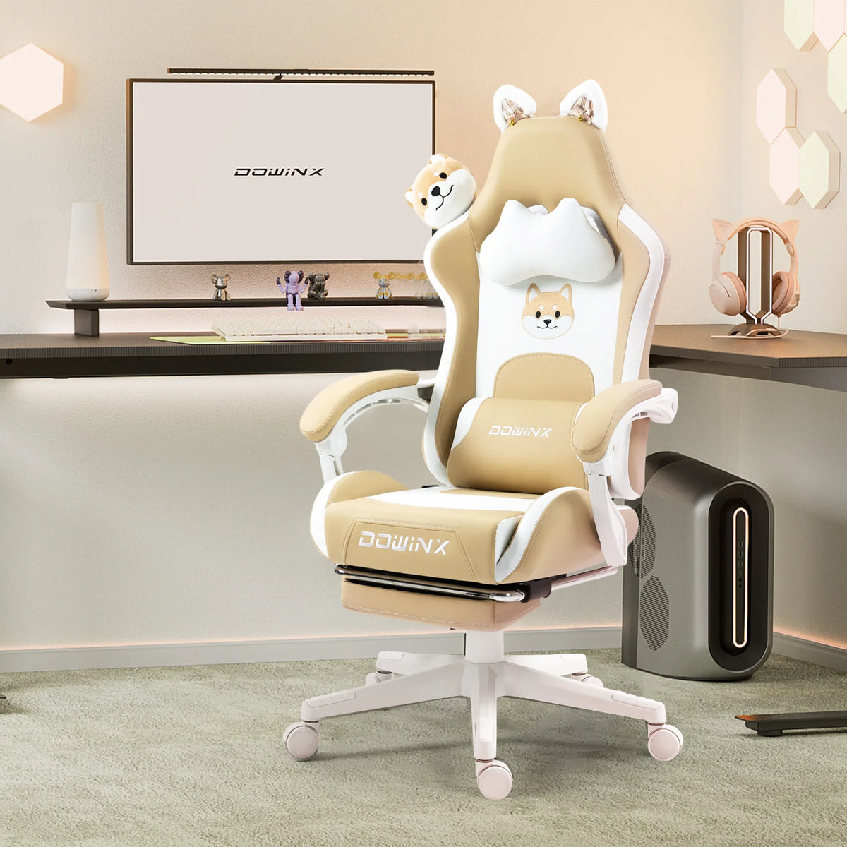 Cute Gaming Chair with Cat Ears Footrest Pink Kawaii Computer Chair Ergonomic High Back Gamer Seat with Cat Paw Lumbar Support