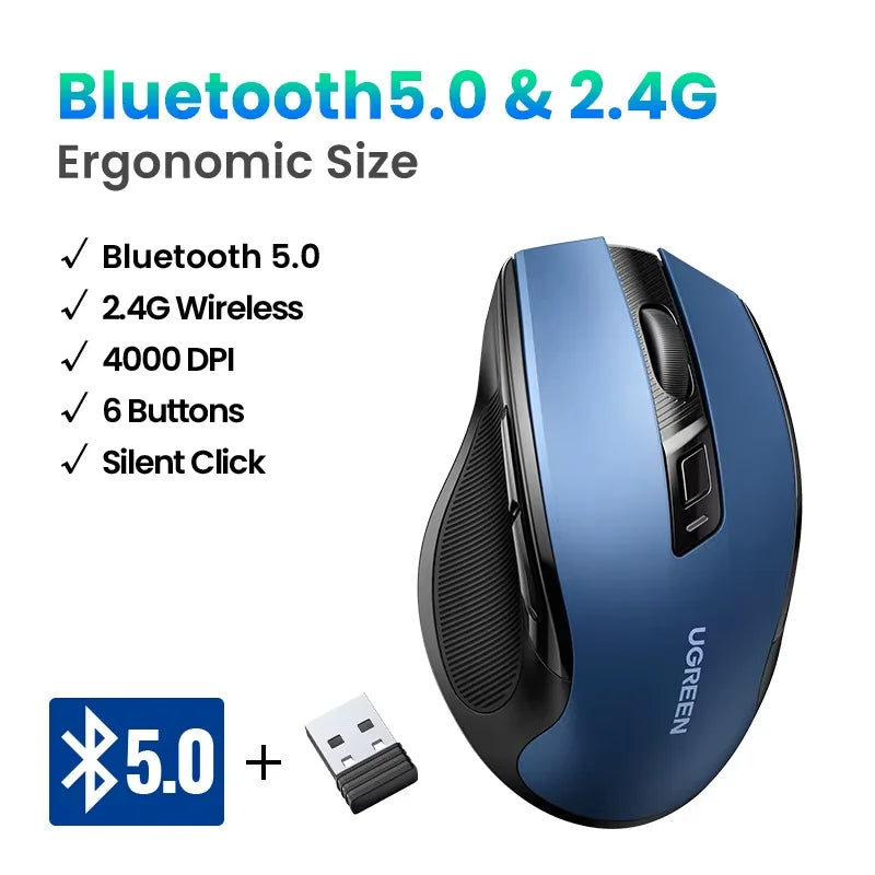UGREEN kabellose Maus Bluetooth 5.0, ergonomische Maus 4000DPI mit 6 leisen Tasten, für MacBook, Tablet, Laptops, Computer, PC, 2.4G-Maus