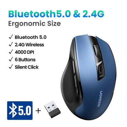UGREEN kabellose Maus Bluetooth 5.0, ergonomische Maus 4000DPI mit 6 leisen Tasten, für MacBook, Tablet, Laptops, Computer, PC, 2.4G-Maus