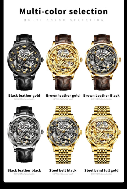 OUPINKE 3173 Skeleton Automatic Mechanical Watch Luxury Brand 50M Waterproof Watch Leather Strap Mens Watch Box Gifts Reloj
