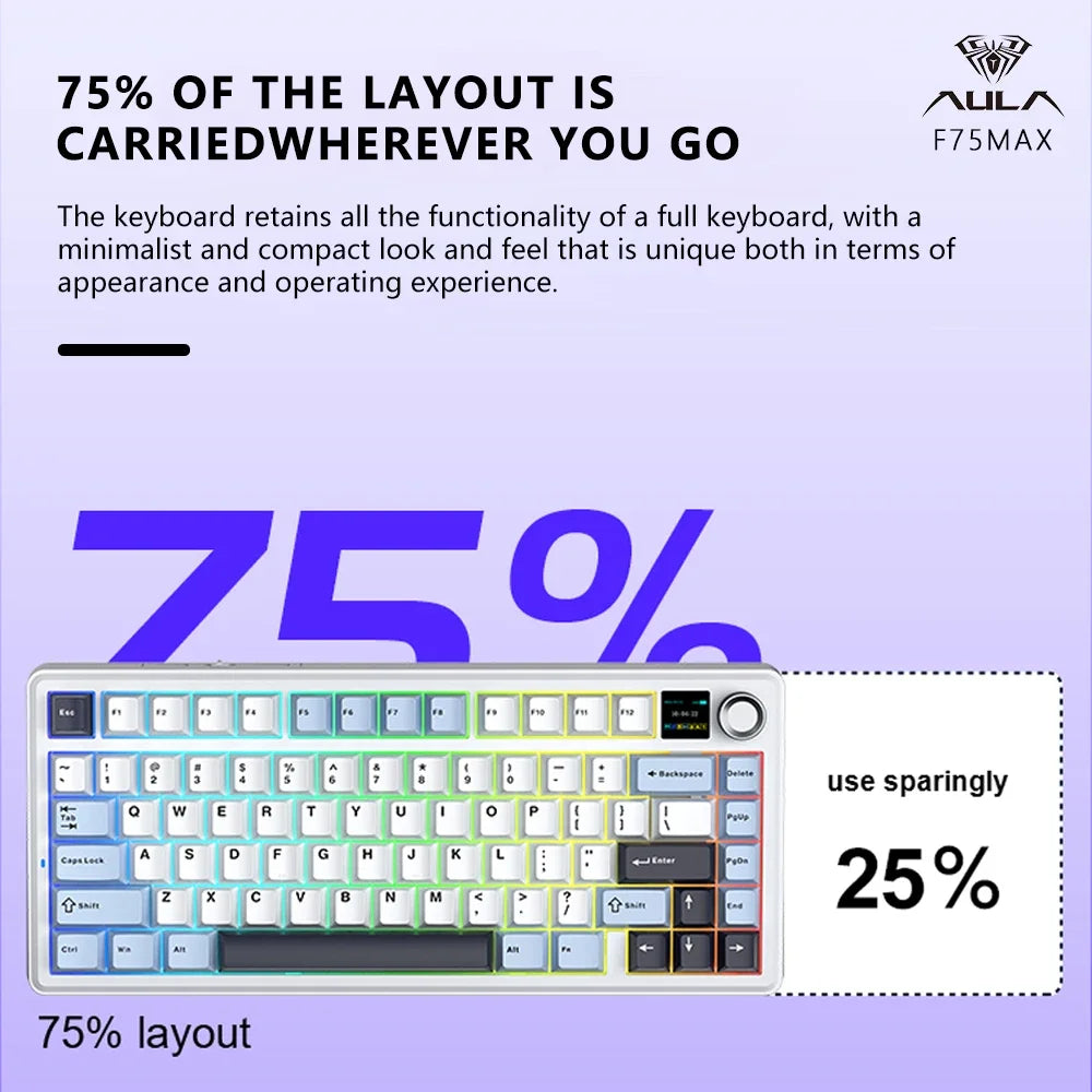 AULA F75 MAX mechanische Gaming-Tastatur 2.4G kabellos/BT/kabelgebundene Tastatur, Hot-Swap, RGB, 75%, 81 Tasten, Büro-Tastatur mit TFT-Bildschirm
