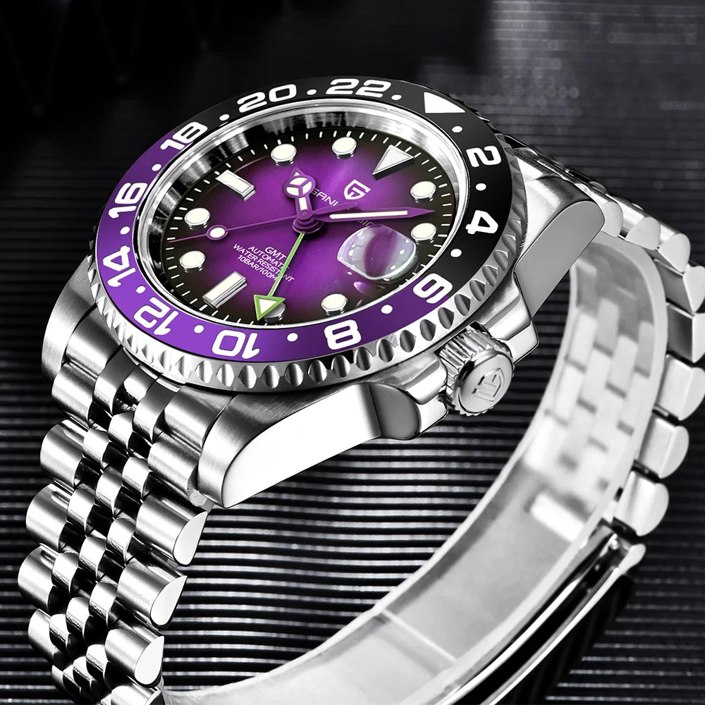 Mechanisch herenhorloge Pagani Design GMT – Luxemodel met saffierglas, roestvrijstalen kast en keramische lunette – Automatisch herenhorloge, zakelijke stijl