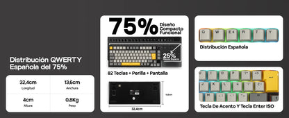 Teclado mecânico ISO-ES EPOMAKER X AJAZZ AK820 PRO 75% com layout espanhol, com fios/2.4GHz/BT, ecrã e botão rotativo para PC/Mac