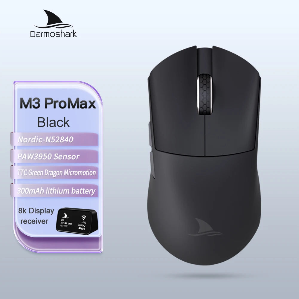 Mouse da gaming Darmoshark M3Pro 2.4G BT wireless tri-mode, sensore PAW3395, N52840, 26000DPI, mouse con driver macro per mani grandi per il gaming
