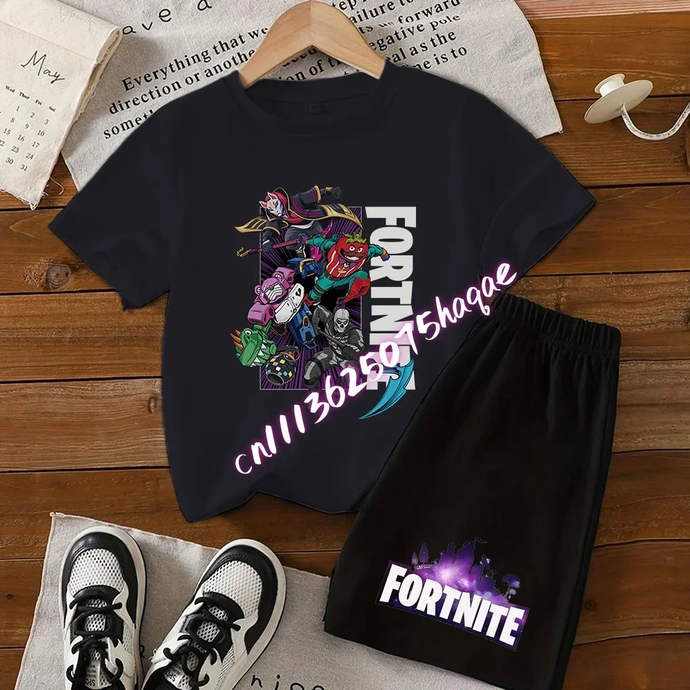 Completo estivo Fortnite con T-shirt e shorts per bambini e bambine, set 2 pezzi, abbigliamento bambino con top, T-shirt e pantaloncini, stampa Fortress Night, idea regalo