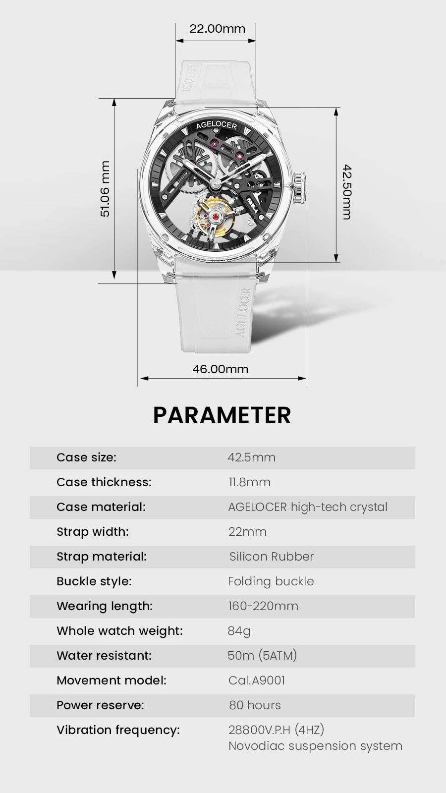 Orologio AGELOCER Limited Edition “Ice Never Melts” con tourbillon in cristallo a spirale libera, orologio meccanico manuale di lusso