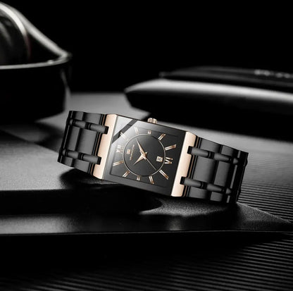 Men Business Watch Simple Design Luxury Fashion Rectangular Black Gold Stainless Steel Calendar Waterproof Quartz Men's Watches