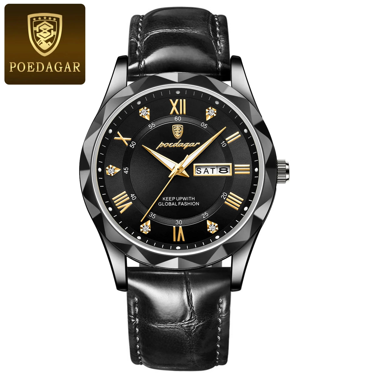 POEDAGAR herreur, originalt luksusmodel: vandtæt, selvlysende, med dato- og ugedagsvisning. Kvartsur i klassisk og professionel stil, udstyret med et læderarmbånd.