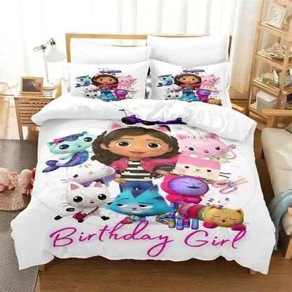 Gabbys Dollhouse 3D-gedrucktes Bettwäsche-Set mit Bettbezug und Kissenbezug, Twin Full King, für Kinder und Erwachsene, Schlafzimmer