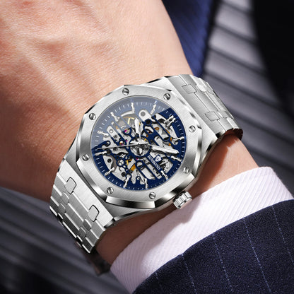 Montre mécanique squelette de précision BINBOND pour homme, montre de luxe lumineuse, étanche, automatique, en acier inoxydable robuste.