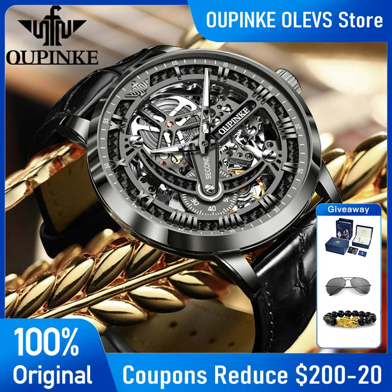 OUPINKE 3173 Skeleton Automatic Mechanical Watch Luxury Brand 50M Waterproof Watch Leather Strap Mens Watch Box Gifts Reloj