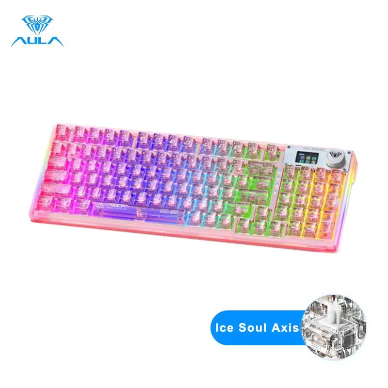 AULA F98PRO Wireless Mechanical Keyboard Transparent Keycaps RGB Backlit Custom 2.4G Hot Swappable Gaming Keyboard With Screen