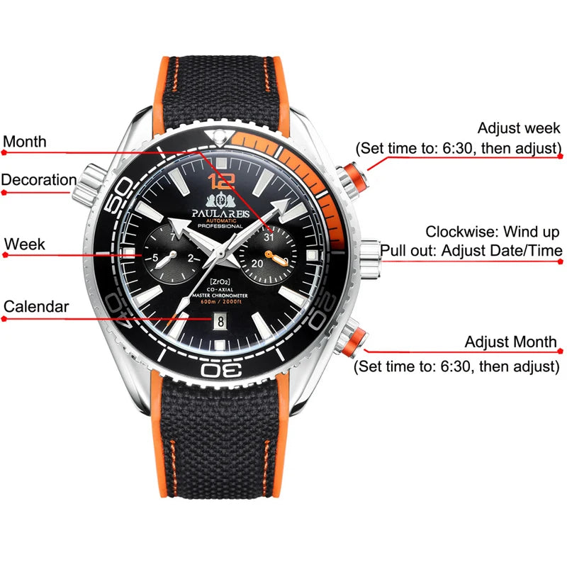 PAULAREIS P Reloj mecánico automático de lujo para hombre, cuerda automática, correa de caucho, resistente al agua, luminoso, con fecha, reloj de moda para hombre