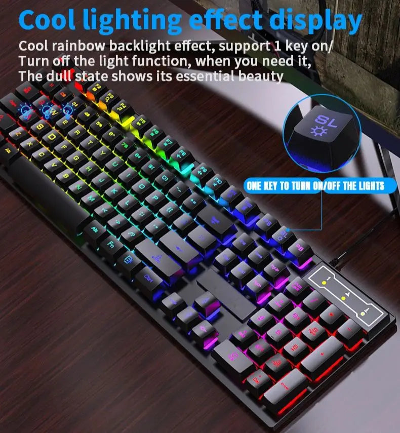 Teclado con cable de 104 teclas con retroiluminación RGB y efecto de respiración, set ergonómico de teclado y ratón gaming para ordenador, portátil, gamer y oficina