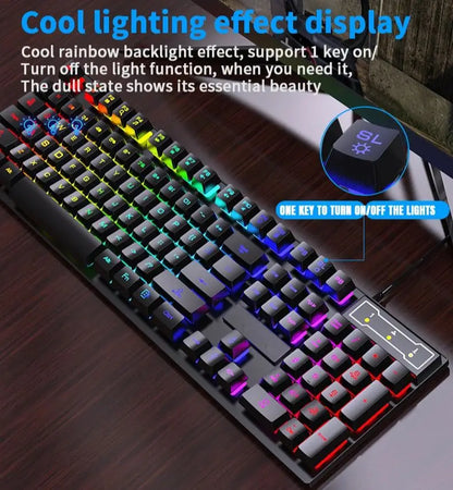 Teclado con cable de 104 teclas con retroiluminación RGB y efecto de respiración, set ergonómico de teclado y ratón gaming para ordenador, portátil, gamer y oficina
