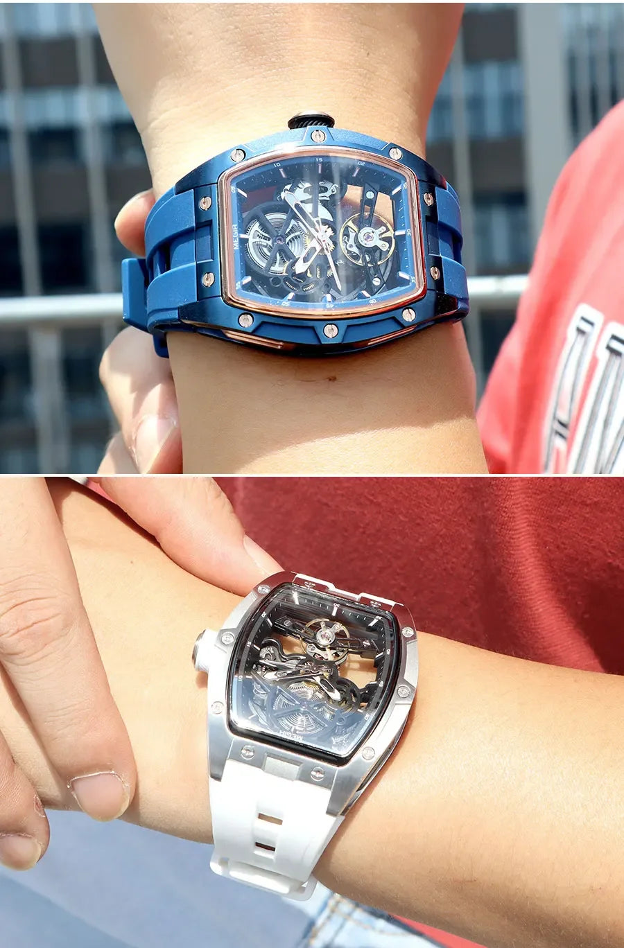 Relógio de pulso automático MEGIR para homem, com bracelete em silicone preto, impermeável, luminoso, desportivo e mecânico, com mostrador tonneau 2242