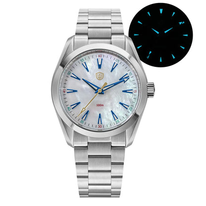 Relógio Watchdives WD0006, movimento VH31 com ponteiro dos segundos fluido, vidro de safira abaulado, revestimento luminescente BGW9, estanque até 10 bar, 38 mm, estilo vintage