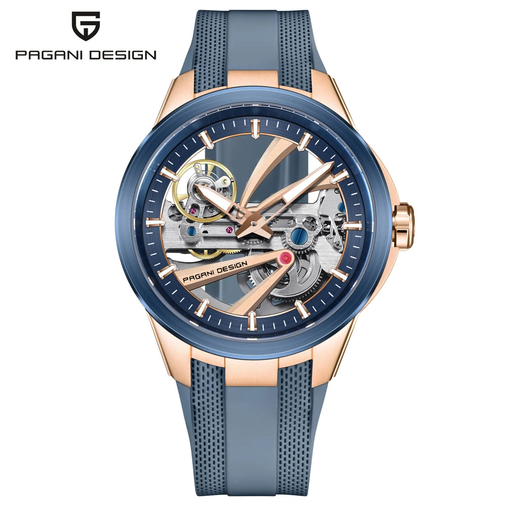 Zegarek męski PAGANI DESIGN – luksusowy model z mechanizmem automatycznym typu „skelet” (z widocznym mechanizmem), wyposażony w tourbillon, szkło szafirowe z powłoką antyrefleksyjną, wodoodporny i luminescencyjny.