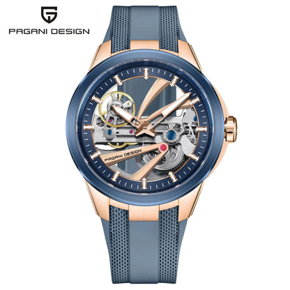 Zegarek męski PAGANI DESIGN – luksusowy model z mechanizmem automatycznym typu „skelet” (z widocznym mechanizmem), wyposażony w tourbillon, szkło szafirowe z powłoką antyrefleksyjną, wodoodporny i luminescencyjny.