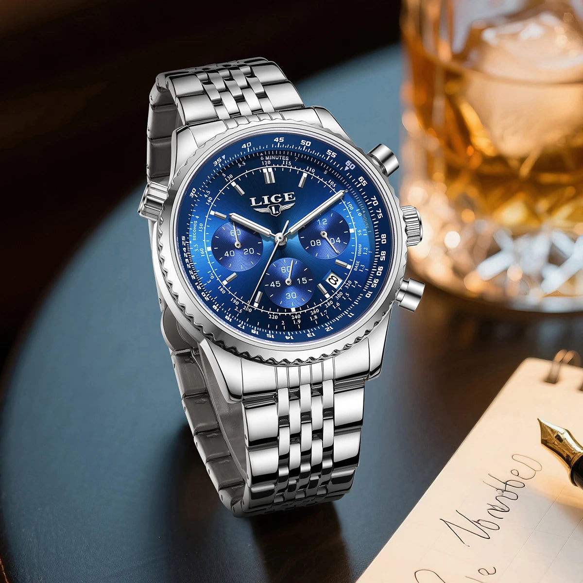 Montre de luxe pour homme LIGE – Chronographe avec date, en acier inoxydable, étanche, luminescente, style sportif et militaire, montre à quartz pour homme
