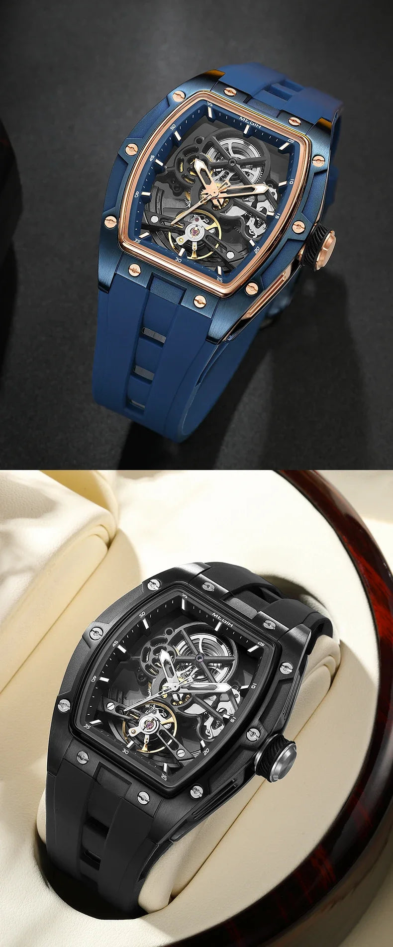 Relógio de pulso automático MEGIR para homem, com bracelete em silicone preto, impermeável, luminoso, desportivo e mecânico, com mostrador tonneau 2242