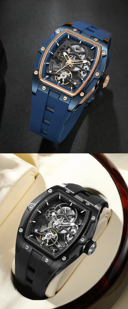 Relógio de pulso automático MEGIR para homem, com bracelete em silicone preto, impermeável, luminoso, desportivo e mecânico, com mostrador tonneau 2242