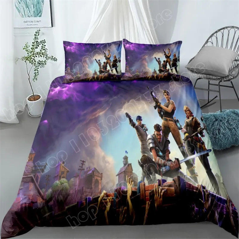 Fortnite-Bettwäsche-Set, 3-teilig, 3D-Druck, Bettwäsche für Schlafzimmer, Gaming-Cartoon-Dekor, Bettbezug und Kissenbezug, Geburtstagsgeschenk