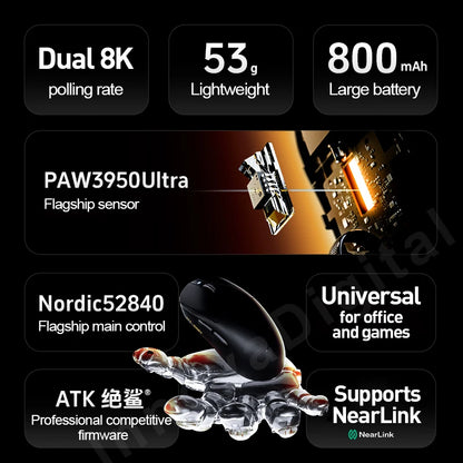 ATK Dragonfly A9 Ultra langaton pelihiiri PAW3950 ultrakevyt kolmitilainen ergonominen e-urheilun FPS-hiiri pelaajille A9 SE Plus
