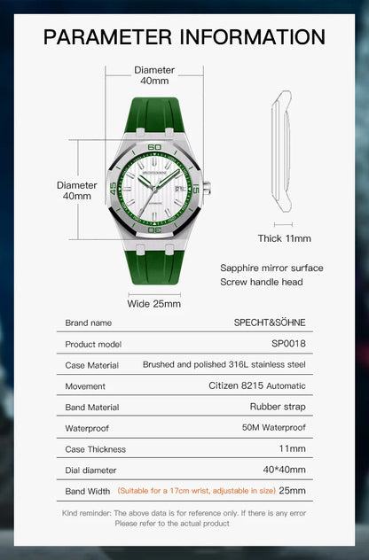 New Luxury Specht & Söhne Automatic Mechanical Watches Japan 8215 Movt Stainless Steel Watch Sapphire Crystal Waterproof 40MM