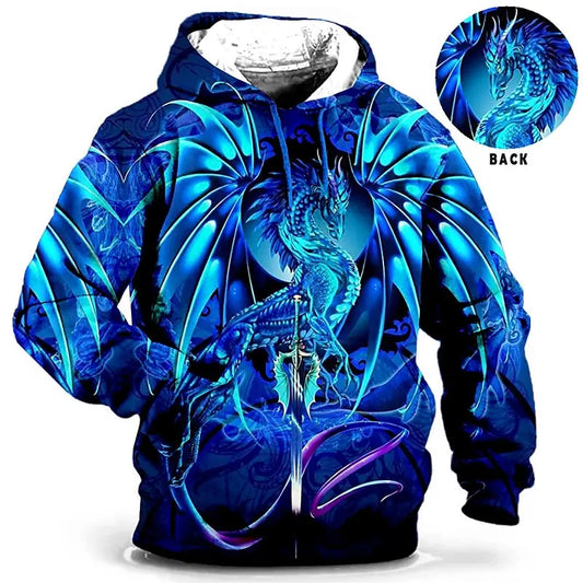 Felpa con cappuccio da uomo, abbigliamento maschile, stampa 3D, felpa outdoor con drago, moda quotidiana autunnale, maniche lunghe