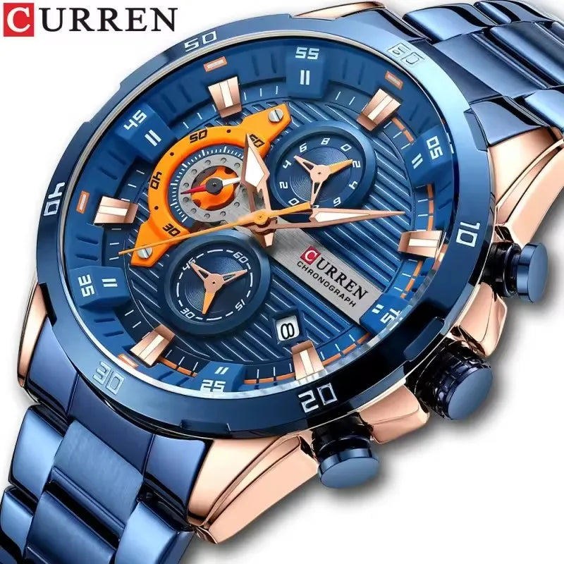 Relógio de luxo para homem CURREN 8402, novo, em aço inoxidável, estanque, com cronógrafo e iluminação noturna.