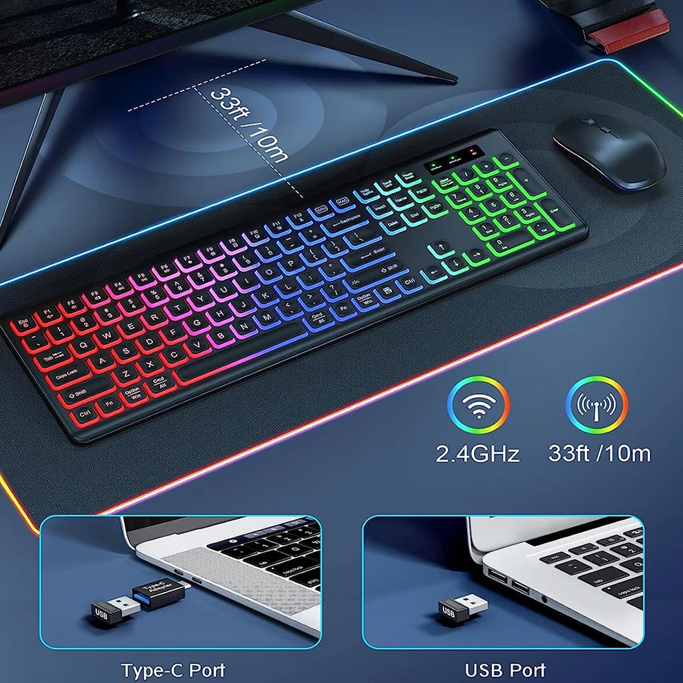 Combo tastiera e mouse wireless con retroilluminazione RGB, lettere illuminate ricaricabili, formato full-size, ergonomico, modalità sleep, 2.4GHz