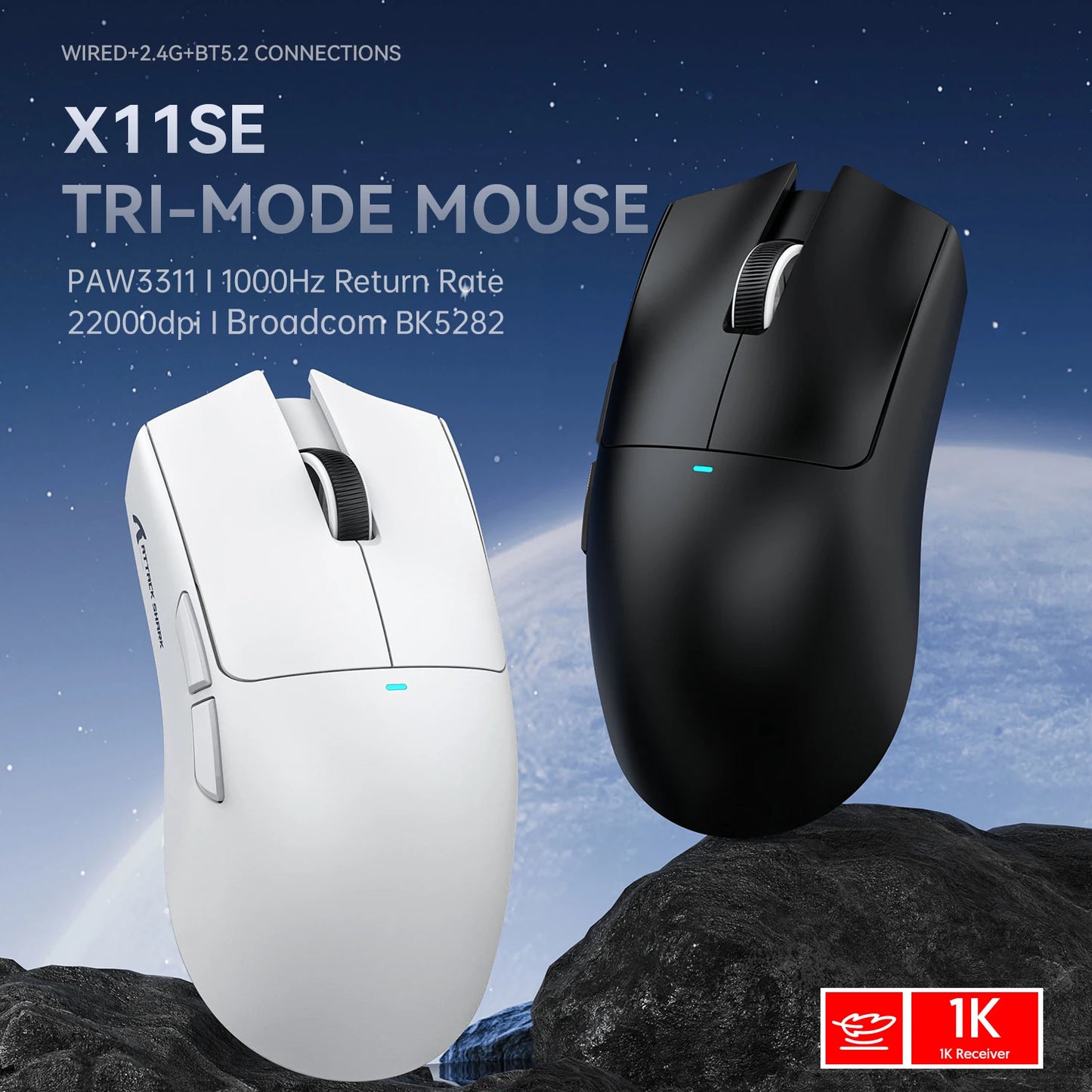 Ratón gaming inalámbrico ATTACK SHARK X11SE, trimodo, superligero de 63g con sensor PAW3311, 22000 DPI, batería de 300mAh, doble controlador