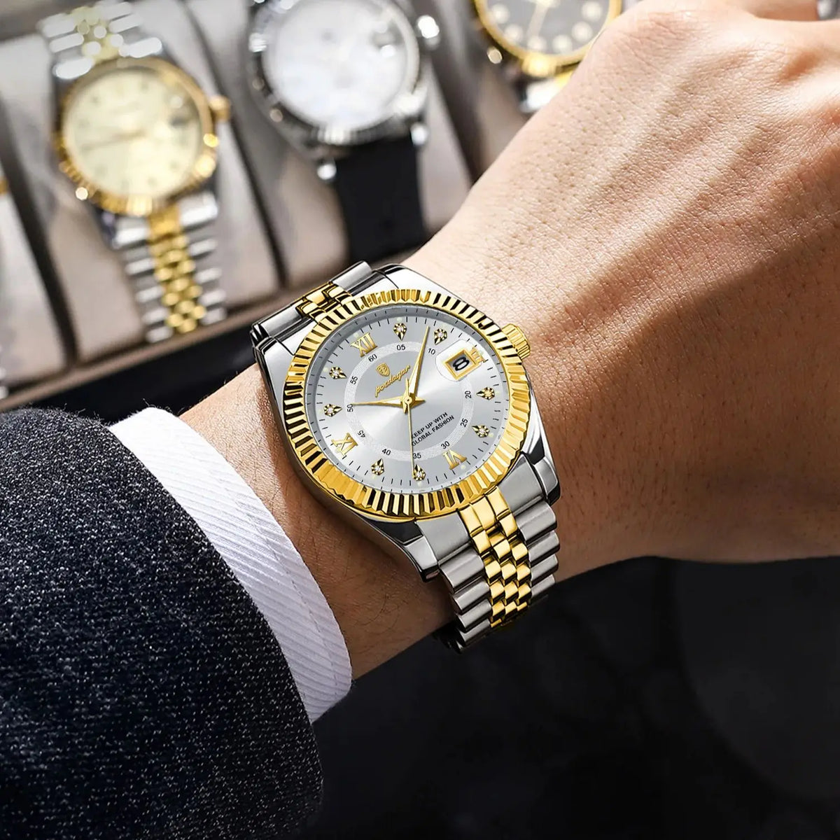 Klassisk och lyxig kvartsarmbandsur för män från POEDAGAR – Boett i rostfritt stål, datumvisning, vattentät, självlysande visare – Elegant armbandsur för arbetet eller formella tillfällen