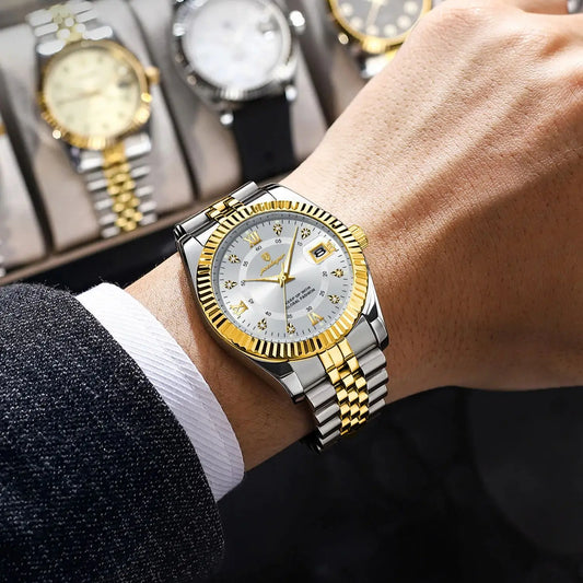 Reloj de cuarzo clásico y lujoso para hombre POEDAGAR: caja de acero inoxidable, indicador de fecha, resistente al agua, agujas luminiscentes. Elegante reloj de pulsera para el trabajo o para ocasiones formales.