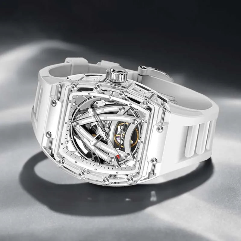 PINDU Designer Hollow Tonneau Mechanical Watch Men Luxury Brand Skeleton Automatic Watches Mens Sport Silicone Wristwatch JH3105