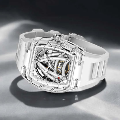 PINDU Designer Hollow Tonneau Mechanical Watch Men Luxury Brand Skeleton Automatic Watches Mens Sport Silicone Wristwatch JH3105